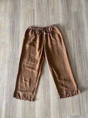 VTG ELCC Pants Crop Silk Jacquard Cognac Brown Elastic Waist Wide Leg Womens S